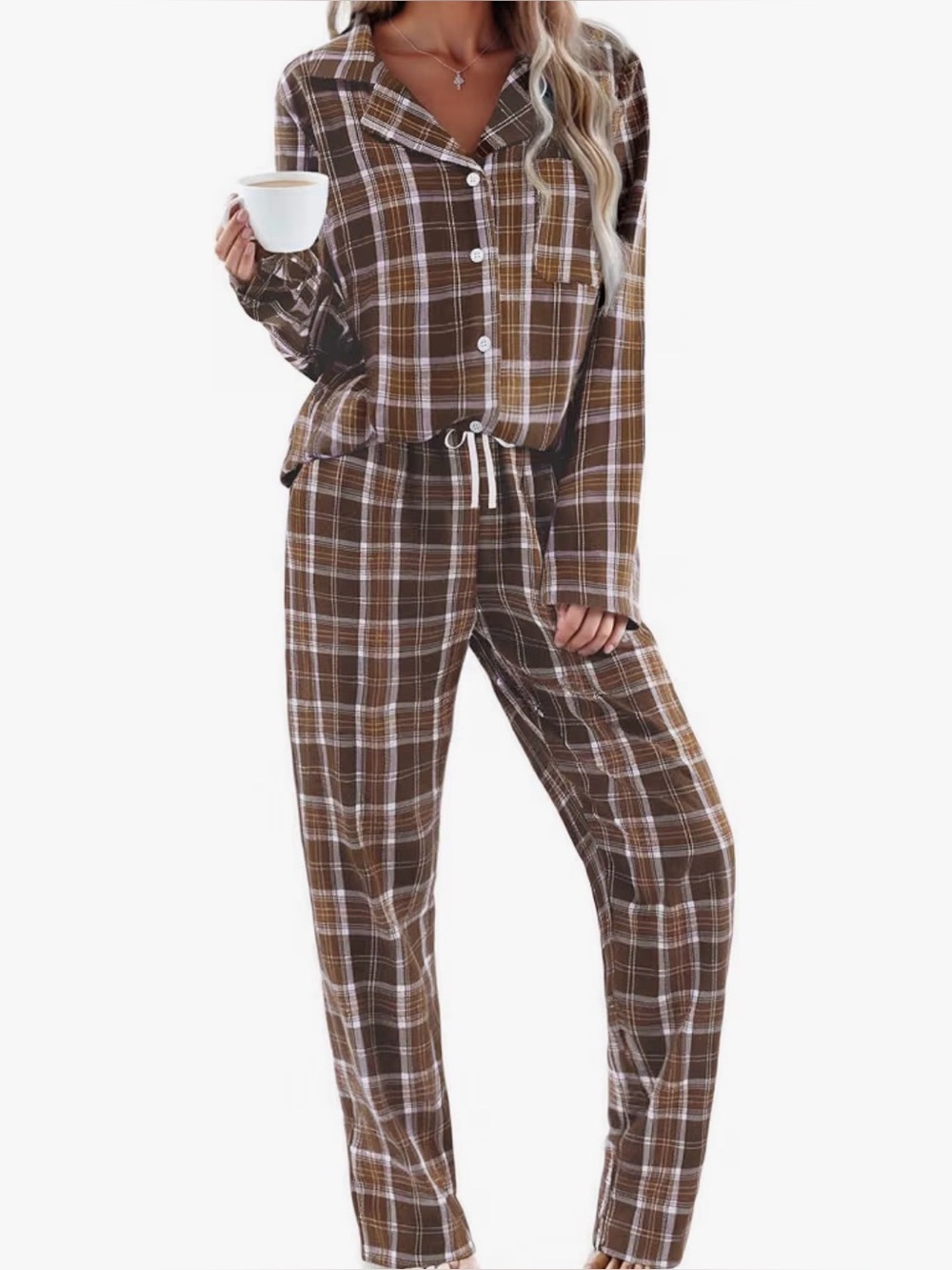 Brown Plaid Flannel Pajama Set | Size S